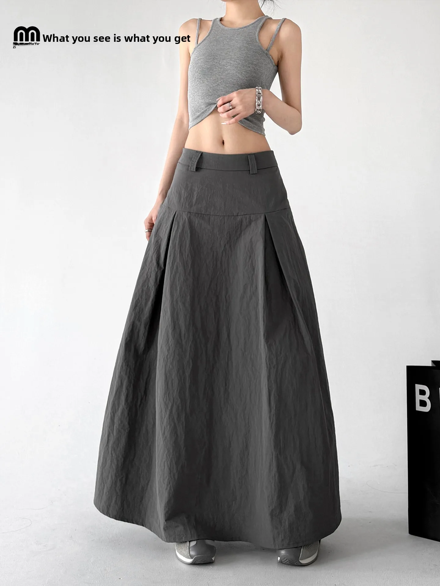 

Grey A-Line Midi Skirt Women's Summer New Style Long Flared Skirt Versatile Commute Slimming Half Skirt High Waist Cotton Blend