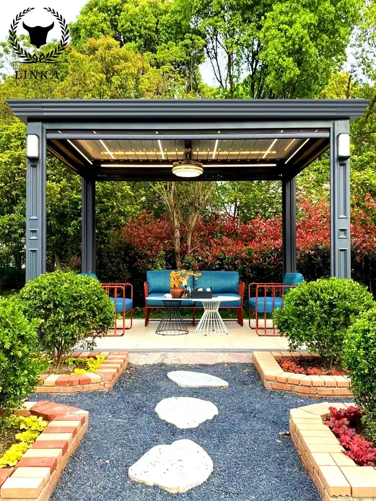 

Waterproof opening Louver Roof Modern Luxury Aluminum Electric Outdoor Pergola with Bright Light