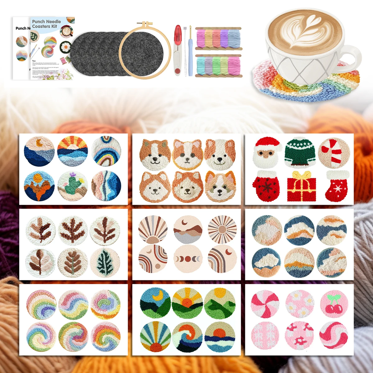 

GATYZTORY Embroidered Punch Needle Coaster Yarn 6pcs Crafts Supplies Adults Mini Cute cartoon Coaster Set Picture Handwork Kits