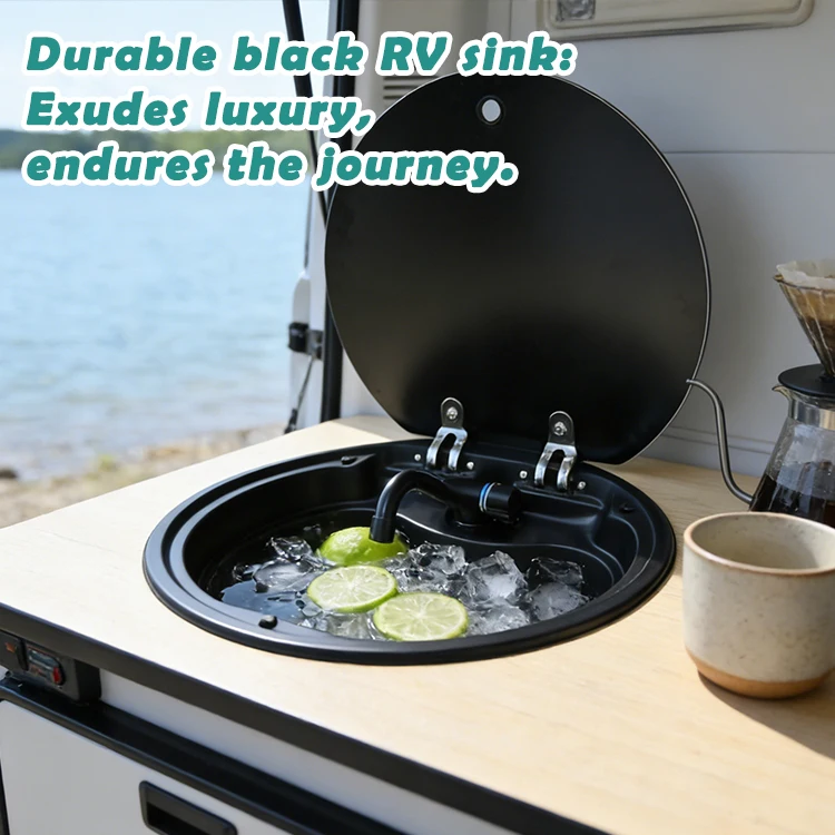 JDA Black Nanotechnology Coated SS304 Round Caravans Boats Motorhomes Campers RV Sink With Tempered Glass Lid