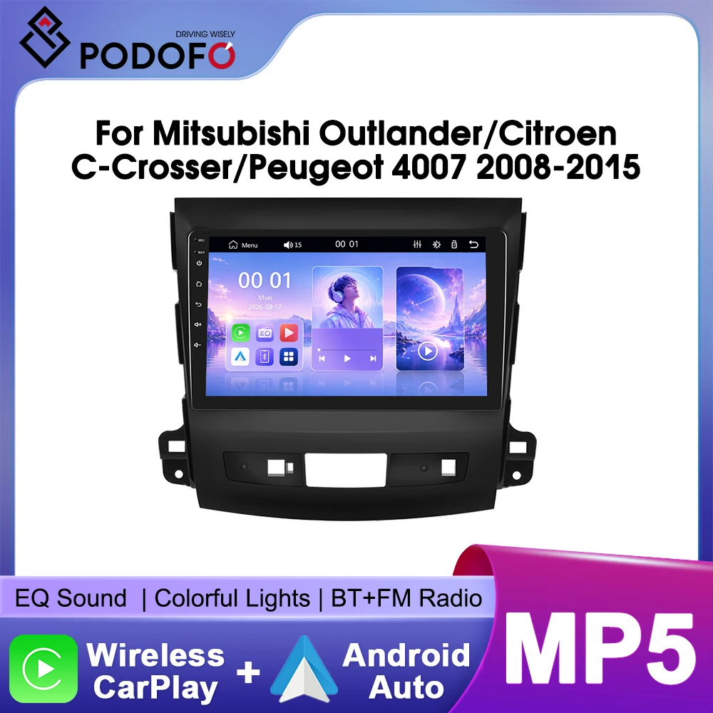 Autoradio stereo Podofo da 9 pollici per Mitsubishi Outlander/Citroen C-Crosser/Peugeot 4007 2008-2015 con CarPlay wireless, Android Auto, Bluetooth, Mirrorlink, lettore multimediale video