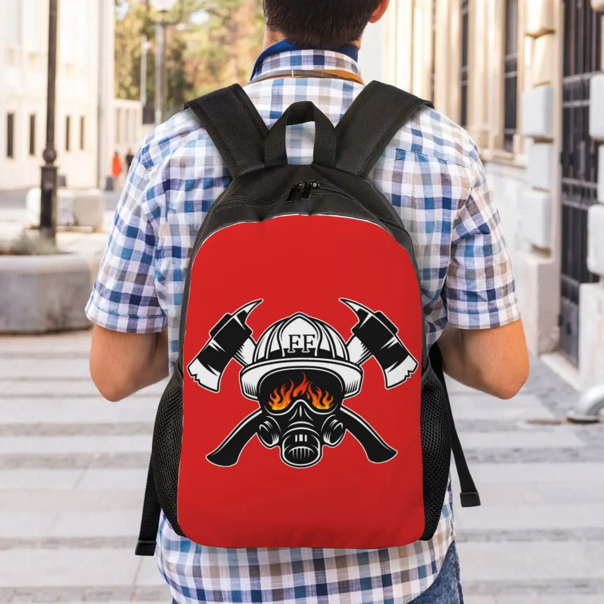 Mochila de viagem do crânio do bombeiro para homens e mulheres, mochila portátil, bombeiro, mochila para estudante universitário