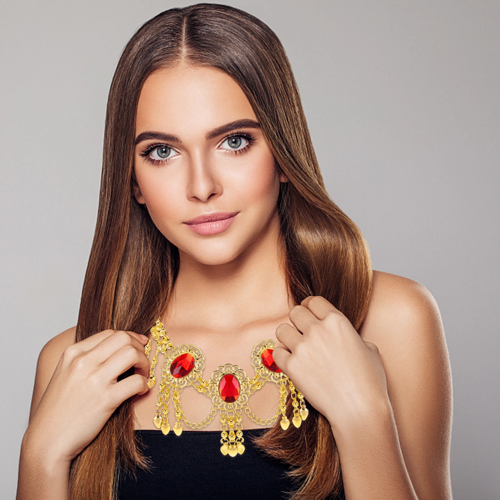

Rhinestone Belly Dancing Head Chain Tribal Performance Necklace Women Dance Decor Red Forehead Pendant Stage Show