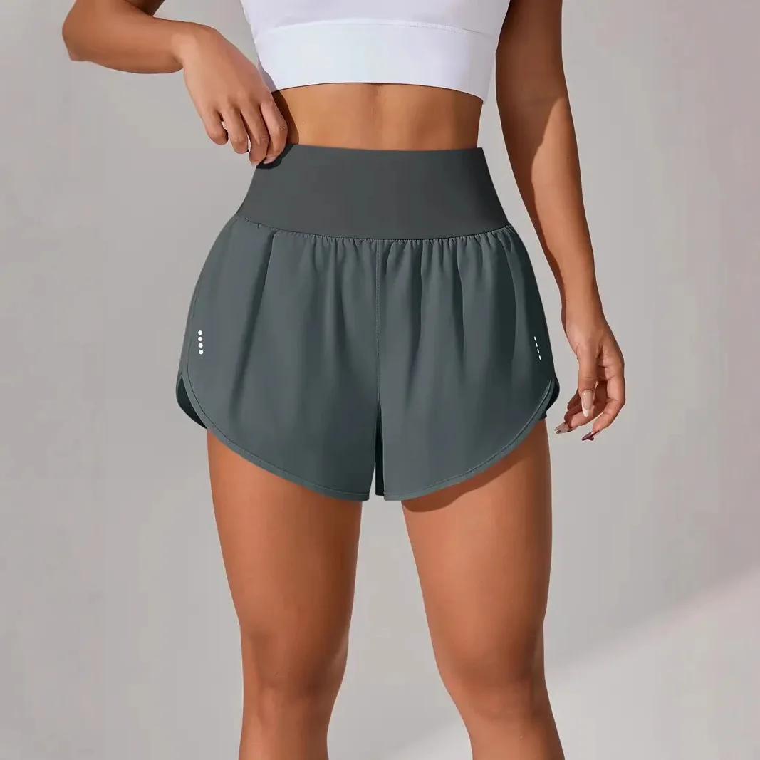 New-Women's-High-Waisted-Sports-Shorts-2-in-1-Fake-Two-Piece-Yoga-Pants-Quick-Dry-Anti-Glare-Slim-Fit