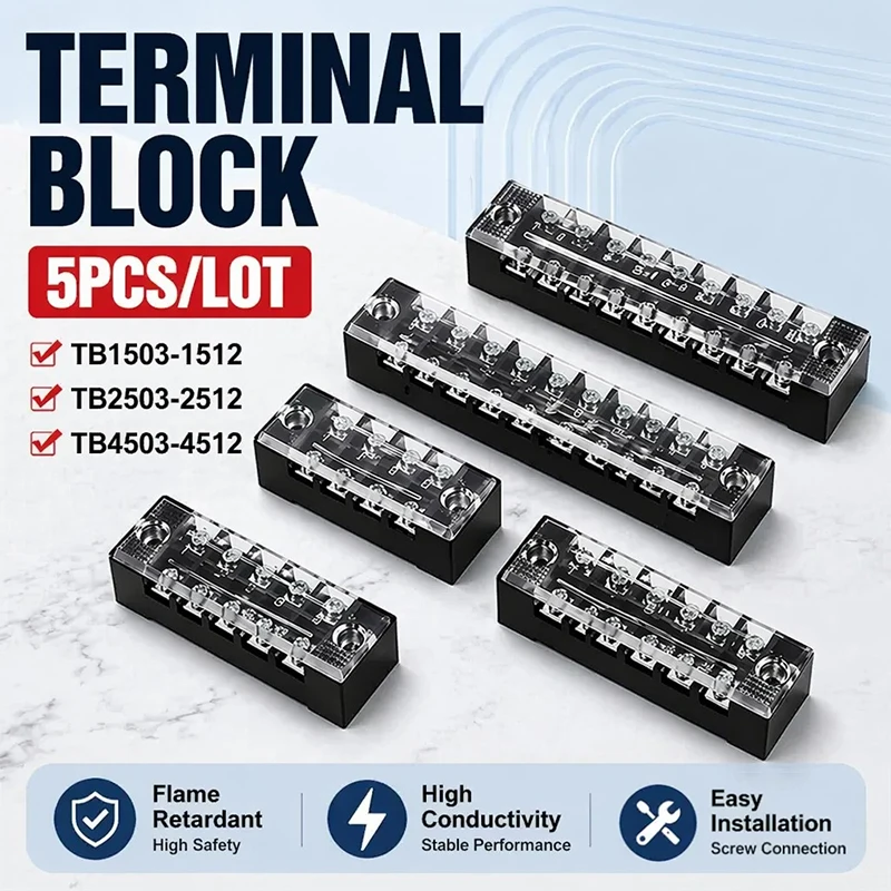 5Pcs TB1503 TB2503 TB4512 Screw Terminal Block Barrier Strip 15A 25A 45A Dual Row Wire Connector with Flame Retardant PC Cover
