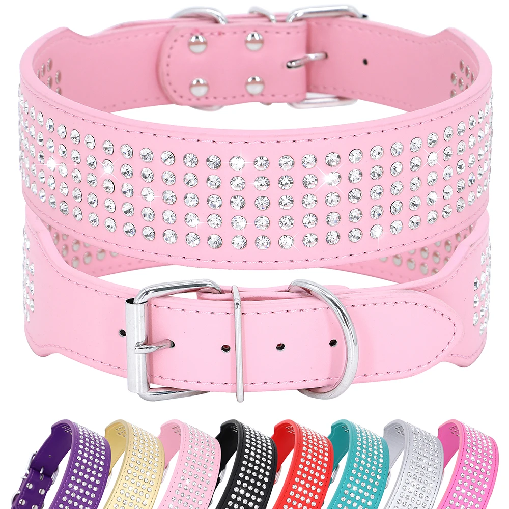 Rhinestone Wide Dog Collar Sparkly Crystal Large Dog Collars Diamonds PU Leather Collars for Small Medium Large Dogs 5cm Width