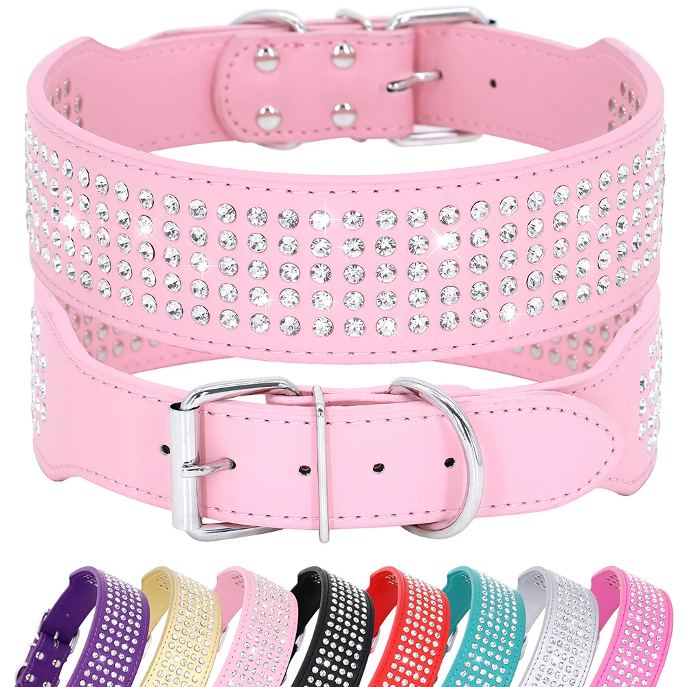 

Rhinestone Wide Dog Collar Sparkly Crystal Large Dog Collars Diamonds PU Leather Collars for Small Medium Large Dogs 5cm Width