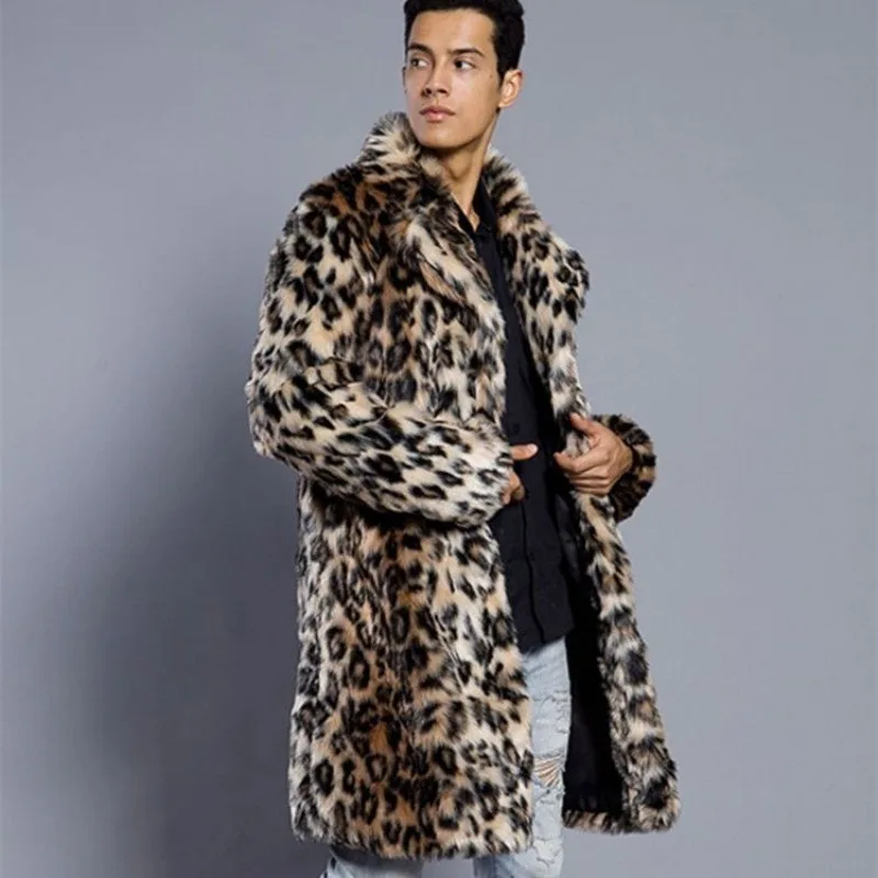 Luxury Men's Leopard Print Suit Overcoat Mid-length Rabbit Fur Winter Warm Thicken Faux Fur Coat Men Mens Fur Trench Coat New