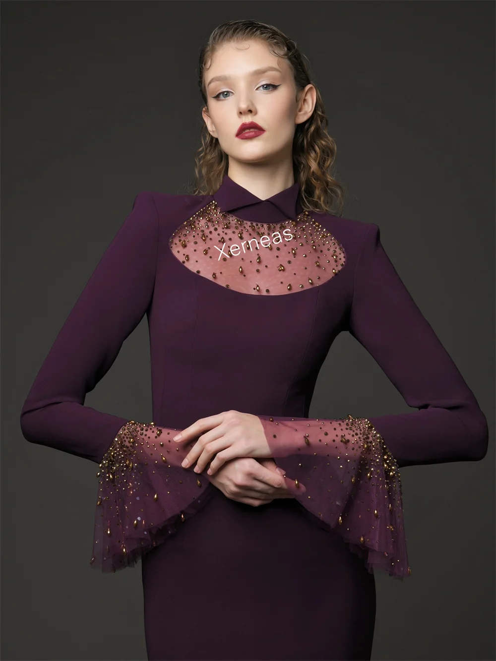 맞춤형 글리터 하이 칼라 긴 소매 트럼펫 플로어 길이 맞춤 제작 특별한 날 매력적인 정장 이브닝 드레스 우아한 파티