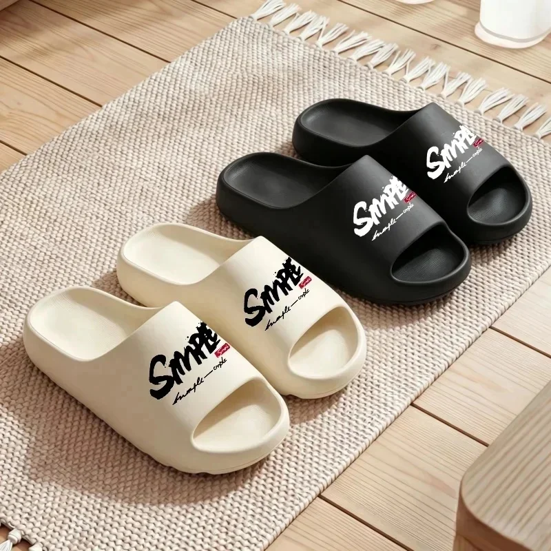 Couples Spring Summer Slippers Open Toe Casual Slides Thick Sole Graffiti Letter Graphic Black White Minimalist Lightweight Sand