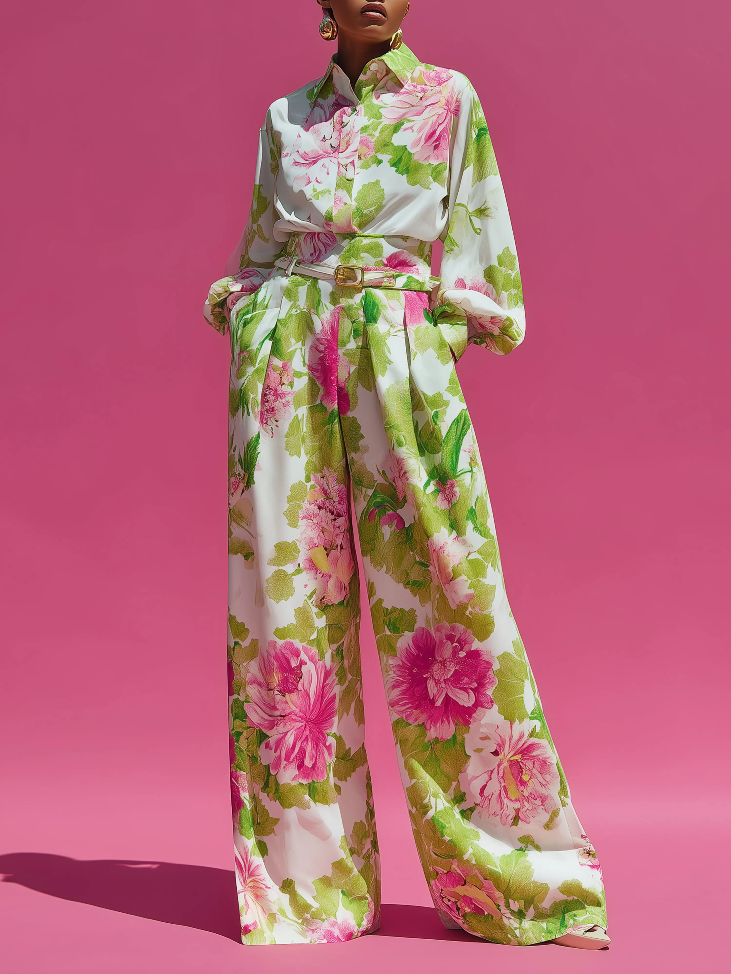 French Style Floral Printed Two Piece Set Women Long Sleeve Lapel Shirt & High Waist Wide Leg Trousers Elegant Matching Outfit