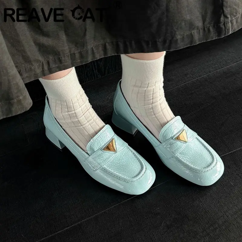 REAVE CAT Silver Full Grain Leather Women Flats Round Toe 4cm Block Heel Slip On Loafers Soft Leisure Daily Shoes Plus Size 40