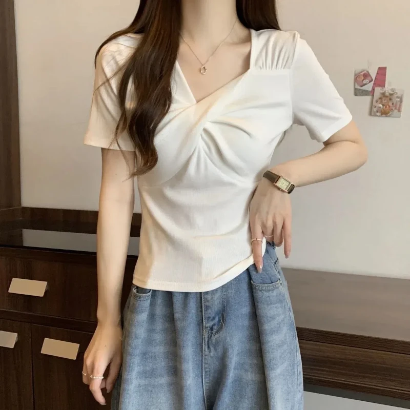 Summer Solid Color Pleated Defined Waist T Shirt Stylish New V-Neck Korean Casual All-match Short Sleeve Tops Women Clothing