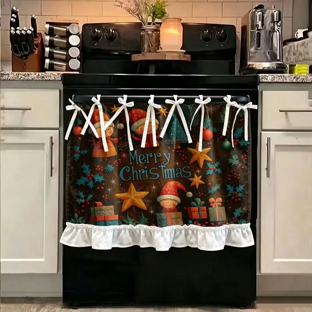 2D Flat, 1pc Retro Blackout Oven Cover Curtain with Hanging Suitable for Stove, Oven, Machine Washable Panel Door Cover Appliance Decoration, for Home Stove Cover