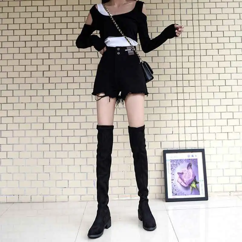 

Женские модные шорты Ins Hot Girl с высокой талией, микро-клеш, рваные джинсовые шорты с необработанным подолом, V-образный вырез, уличная мода Snap