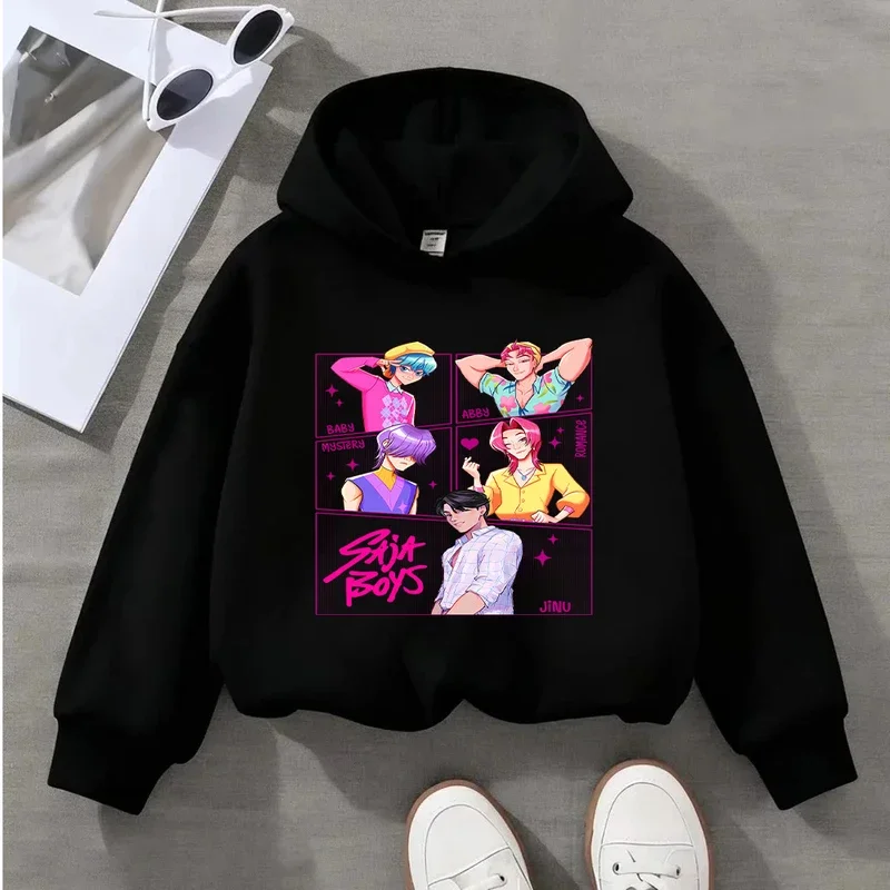 Kapuzenpullover für Mädchen, warmer Rumi KPop Demon Hunter-Mantel, modische Freizeit-T-Shirts mit Cartoon-Wellen für Kinder, lässig schwarz
