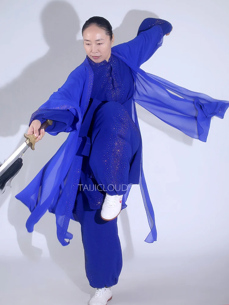 Uniforme de Tai Chi para mujer, traje Qigong Baduanjin ligero de longitud media con bordado de diamantes de imitación (tren de rendimiento, primavera y otoño