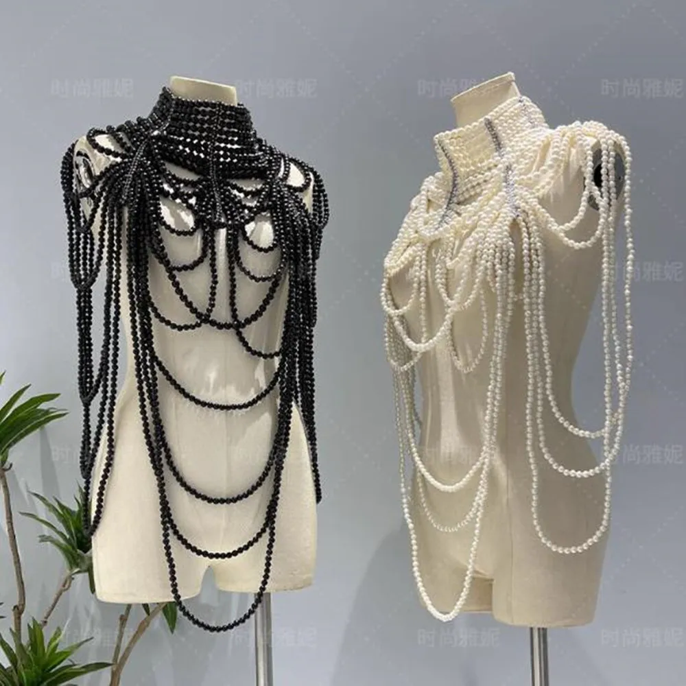 Duftgold New Fashion Imitation Pearl Body Chain Pure Hand Woven Celebrity Party Club Elegant Shawl Body Chain Choker Necklace