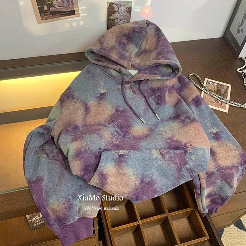 

Autumn Winter 2024 New Fashion Camouflage V-neck Hoodies Women Clothes Trend All-match Tie Dye Loose Pocket Pullovers Female