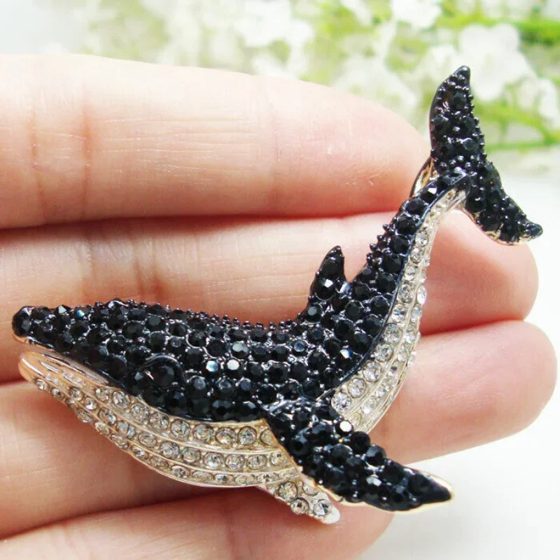 Fashion Vintage Style Dolphin Jewelry Brooch Woman Black Dolphin Whale Pendant Brooch Pin Crystal Rhinestone Party Wedding Gift