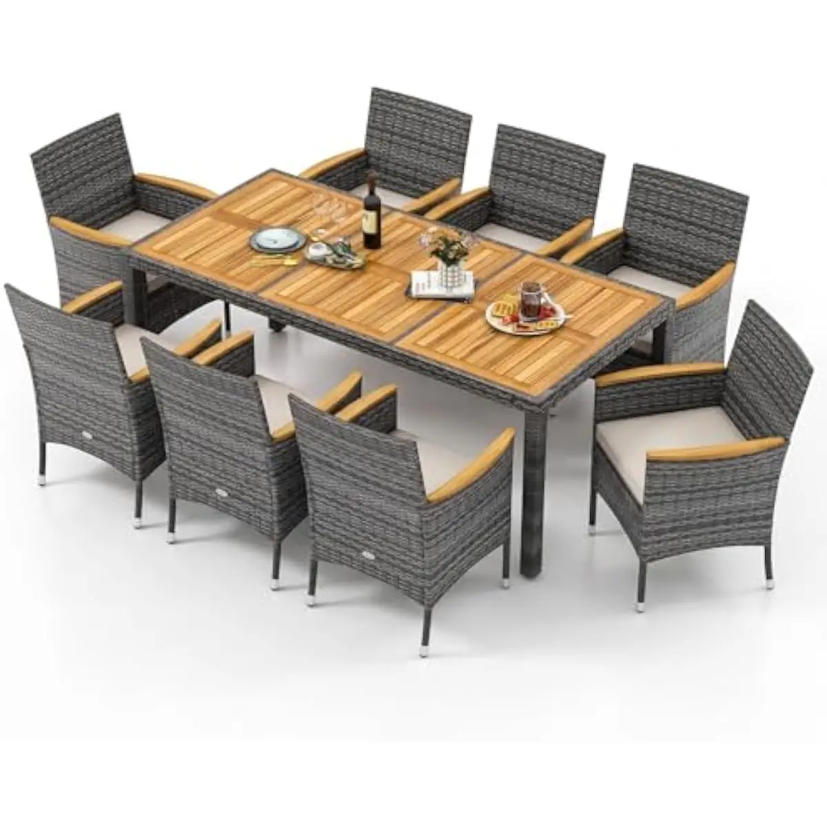 9-Piece Rustic Outdoor Dining Ensemble Featuring Acacia Wood Table 71x36 Inches with Integrated 1.96-Inch Umbrella Opening Plus