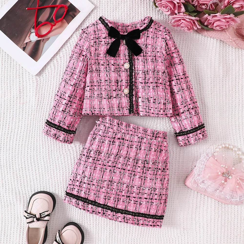 

2024 New Clothing Set Girls Long Sleeve Bow Pink Sweater Plaid Skirts 2 Pcs Sets Casual Girls Clothes Set 8-12T