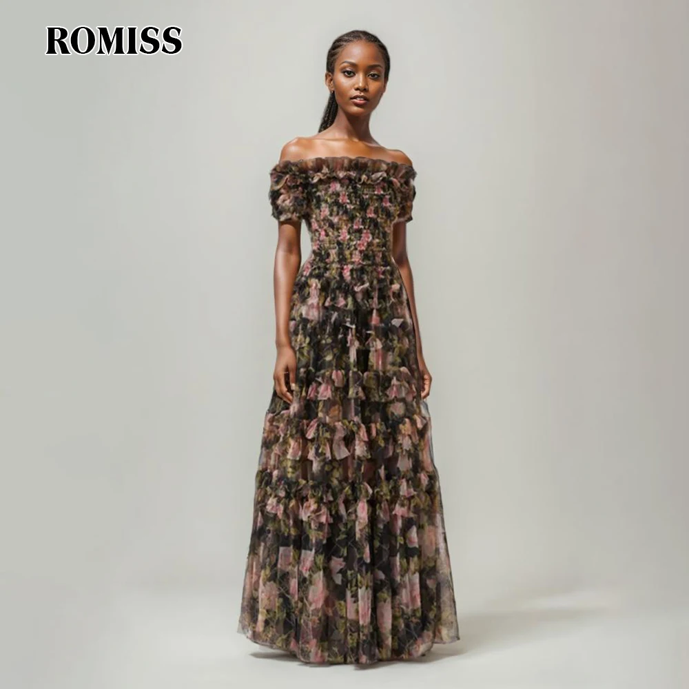 

ROMISS Elegant Printing Mesh Dresses For Women Slash Neck Short Sleeve High Waist Temperament Hit Color Maxi Dress Female New