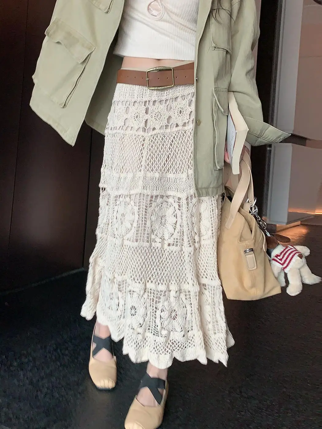 

n Sle Hollow out A-Line Midi Skirt Women's Spring Summer New Faion Pear White f-length Skirt Korean Sle High ...