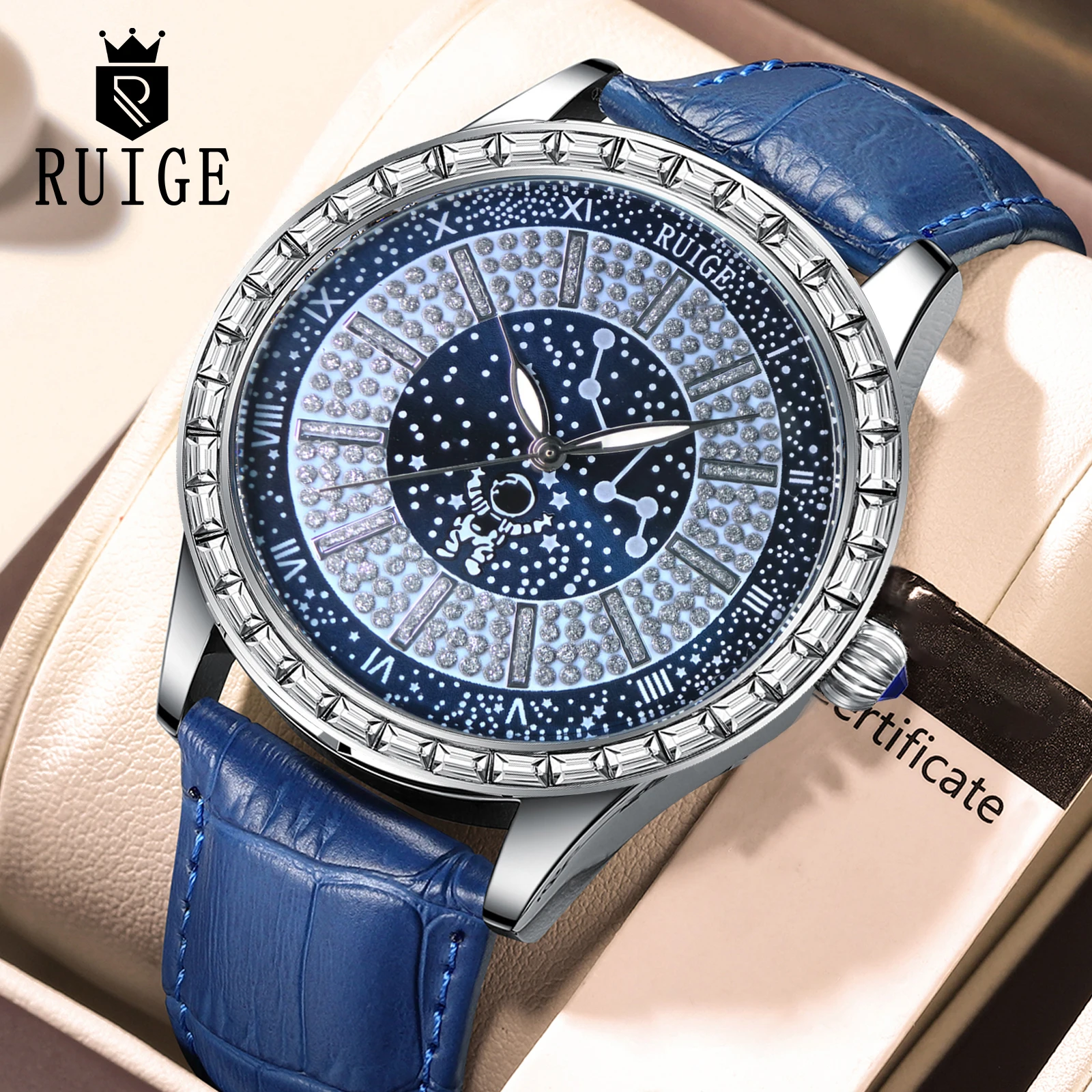 

Мужские модные часы RUIGE, мужские кварцевые часы из натуральной кожи, Водонепроницаемые Синие часы