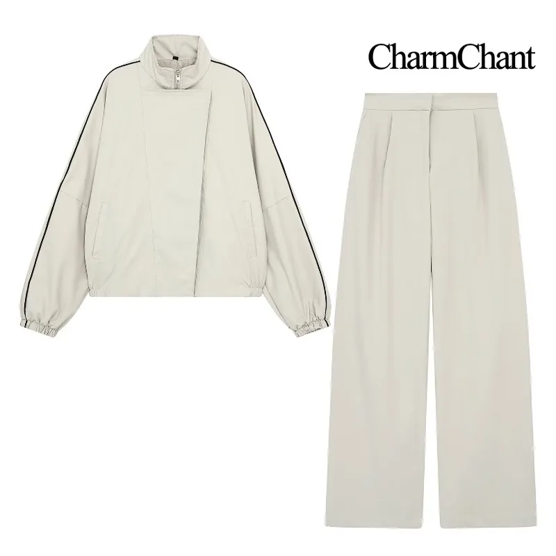 CHARMCHANT Women's Two Piece Set Half Zip Stand Collar Cropped Puff Sleeve Wide Leg Pants Casual Outfit Spring Autumn 2026