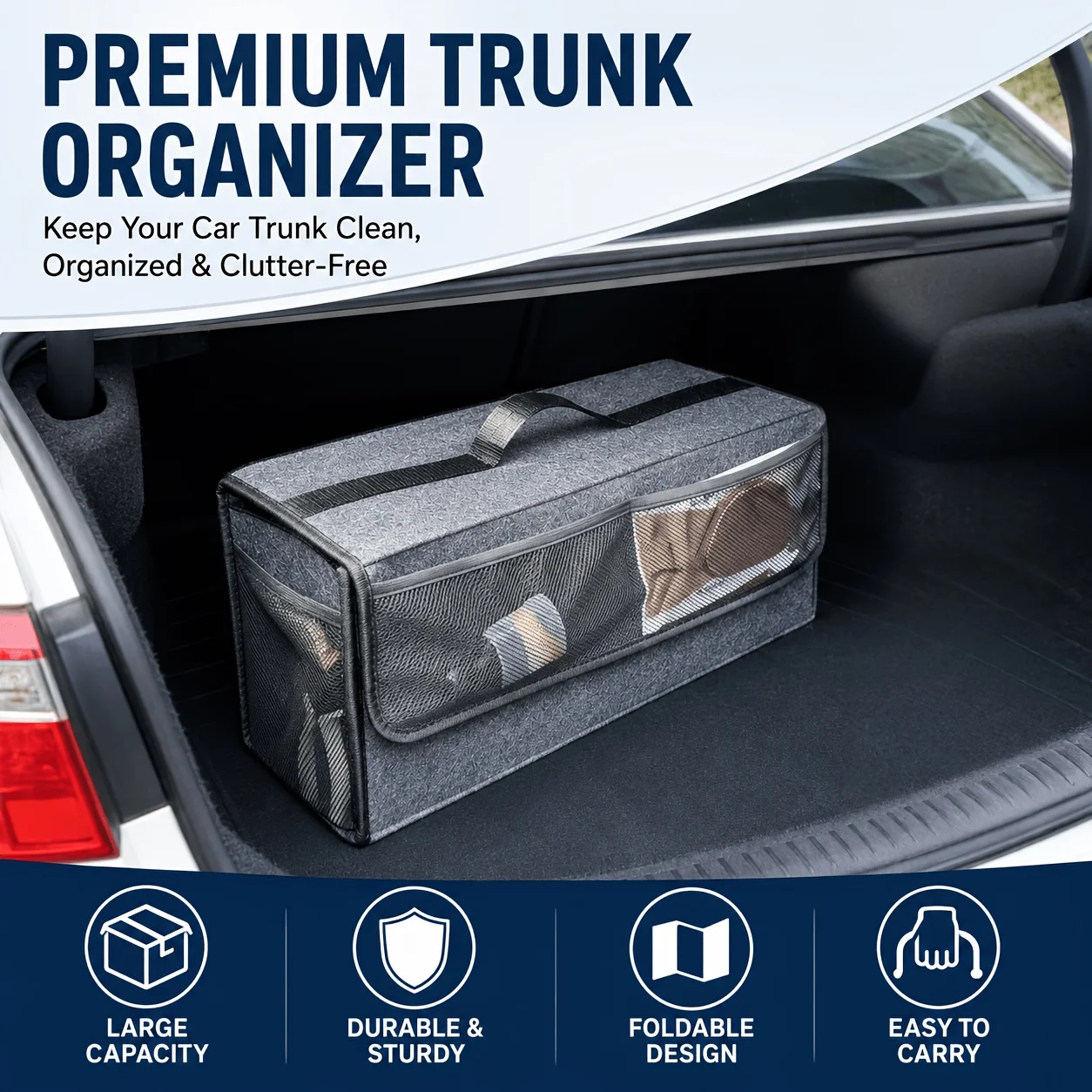 Felt Car Trunk Organizer with 4 External Pockets - Foldable Storage Bag for SUV, Home & Outdoor - Collapsible Multi-Purpose Tote