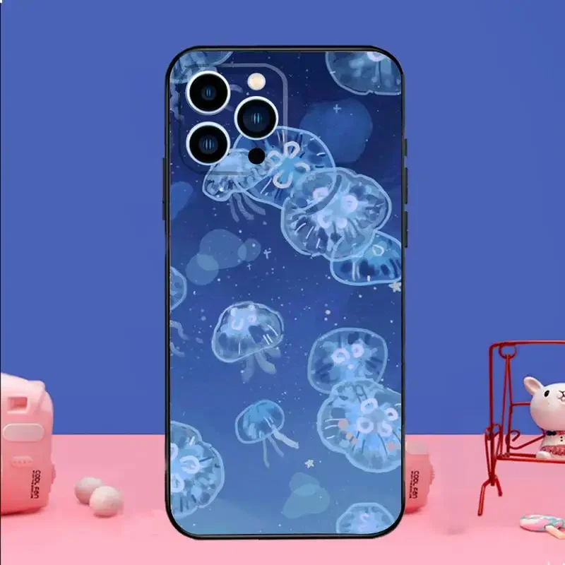 Cute Cartoon Jellyfishes Phone Case Phone Case For iPhone 14 13 12 11 Pro Max Xs Xr X 7 8 Plus 12 13 Mini Silicone Black Cover image 2