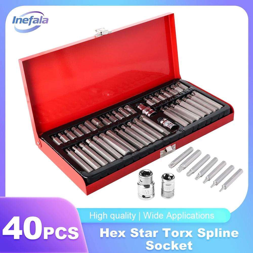 Inefala 40 pièces Kit d'embouts de douille cannelée Torx étoile hexagonale 1/2 pouces 3/8 pouces ensemble d'outils de douille d'impact d'entraînement pour la réparation automobile avec étui