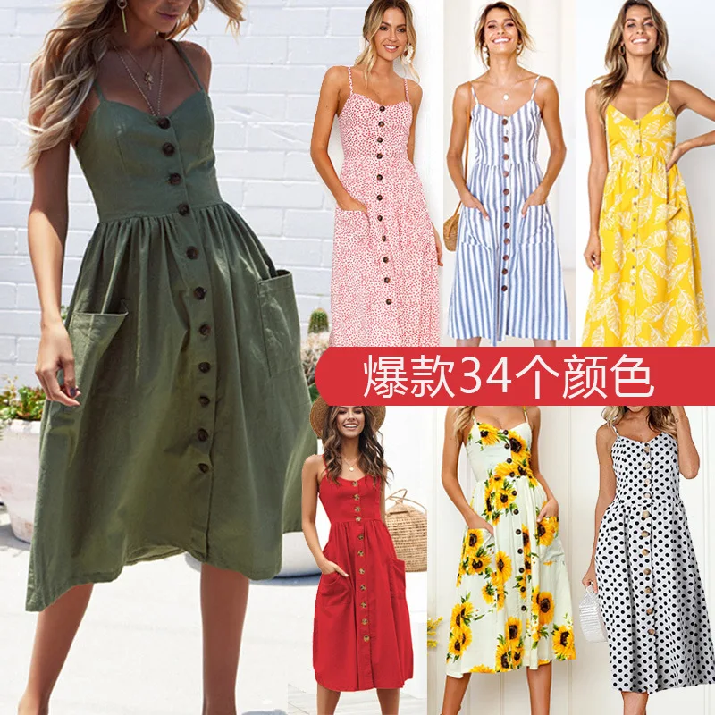 Vintage Casual Sundress Female Beach Dress Midi Button Backless Polka Dot Striped Women Dress Summer 2020 Boho Sexy Floral Dress