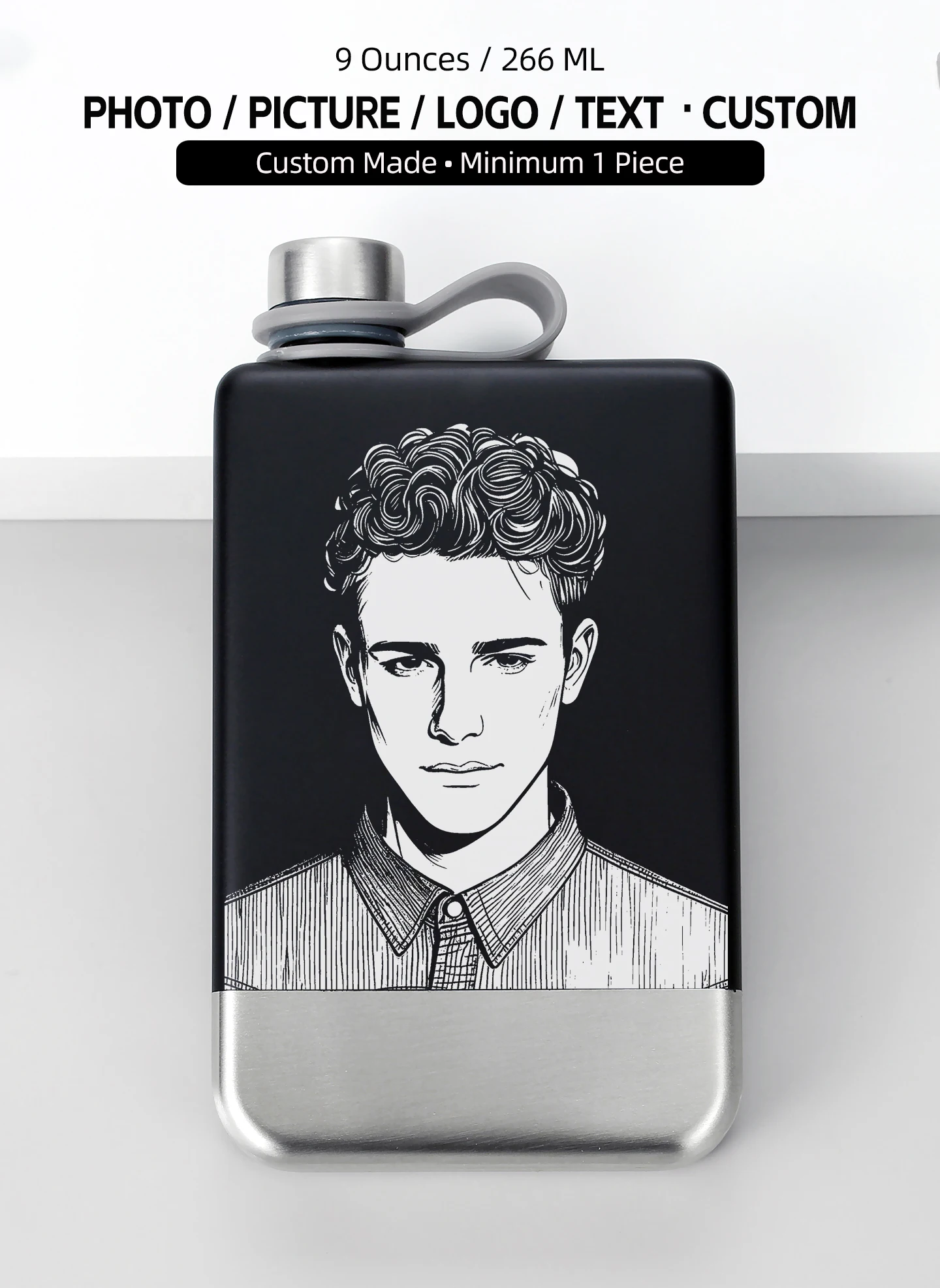 9oz 304 Edelstahl-Hüftflasche mit individuellem Foto, Logo, Text, lasergraviert, tragbare Wasserflasche für Whiskey, Wodka, Herren-Geschenk – Detail 1