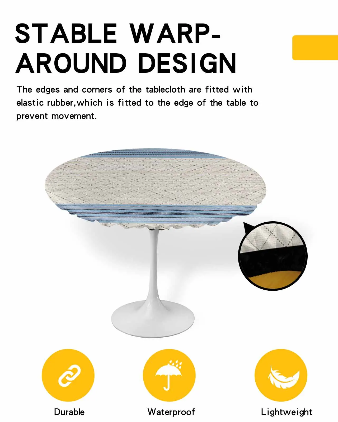 Fabric Grid Texture Round Elastic Edged Table Cover Protector Cloth Waterproof Rectangle Fitted Tablecloth