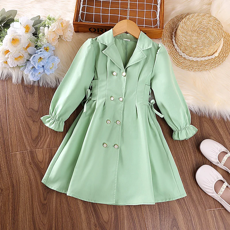 Jacket For Girls 4-7 Years Green Double-Breasted Trench Coat For Girls Stylish Girls Korean Casual Girls' Jacket