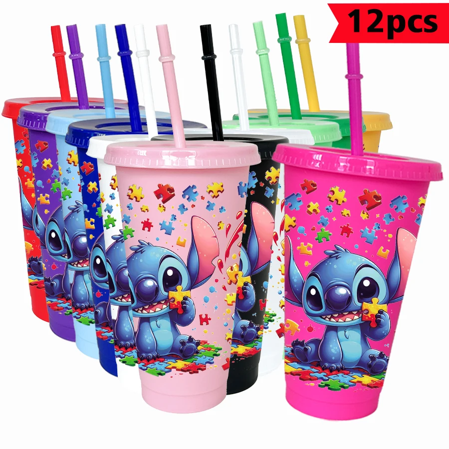 

12 pcs/pack Disney, Stitch, Puzzle 26oz Colored Plastic Tumbler Birthday Party Drinking Utensils Juice Coffee Mug