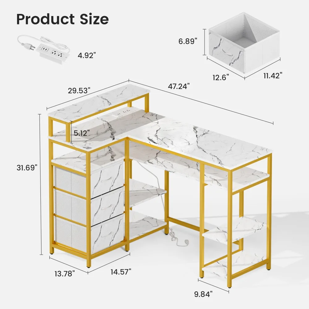 Marbling Texture Manicure Table - Nail Desk with Storage and Power Outlet, Nail Table for Nail Tech, Manicure Desk with