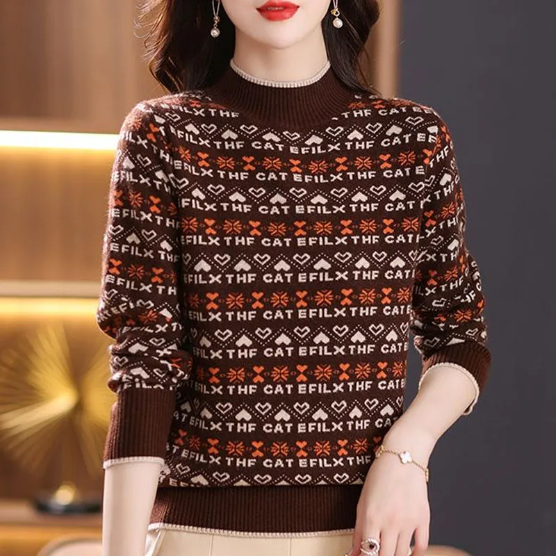 New Winter Thickened Fashion Fashionable Half High Collar Jacquard Colored Short Loose Versatile Long Sleeve Women\'s Sweater