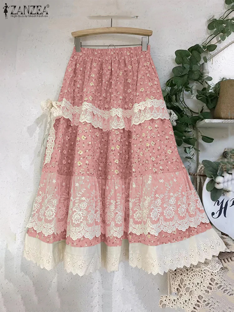 Zanzea rendas impressas saias femininas vintage maxi overskirts 2025 verão solto casual bainha irregular a linha retalhos festa bottoms