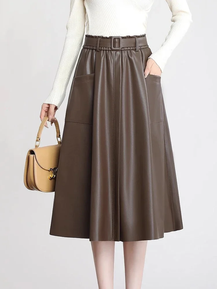 S-5XL New Women Plus Size Leather Skirt Spring Autumn Fashion Stretch Waist A-Line Loose Long Skirt Split Leather Sheepskin