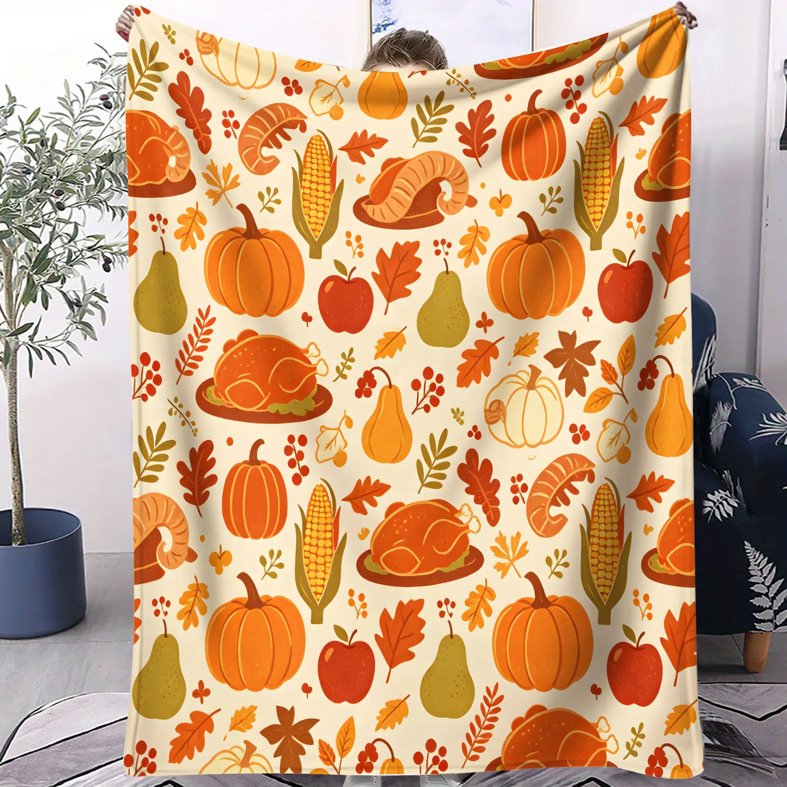 Thanksgiving Flannel Throw Blanket Cream Base Pumpkin Maple Leaf Turkey Corn Fruit Pattern Soft Microfiber Blanket for Sofa Bed
