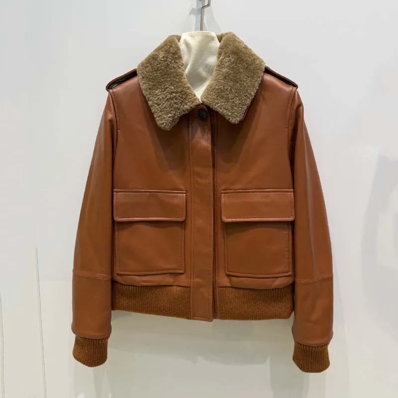 new fashion genuine leather jacket with real wool collar short length big pockets Inner lining with cotton thick warm