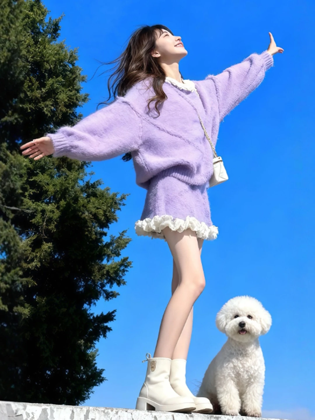 

Уникальный комплект: фиолетовый свитер и короткая юбка для женщин, модный тренд весны 2024, с высокой талией, удобный наряд для ранней весны