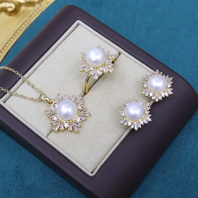 Zhuji Necklace Freshwater Pearl 8-9mm Pendant Earrings Ring Set for Women 18k Gold Plated Full Diamond Micro Inlay Trendy