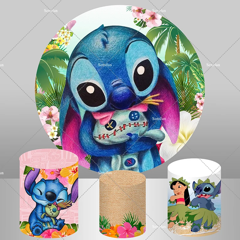 Lilo & Stitch Round Photography Backgrounds Cartoon Hawaii Hula Dance Kids Birthday Party Backdrops Plinth Covers Photo Studio