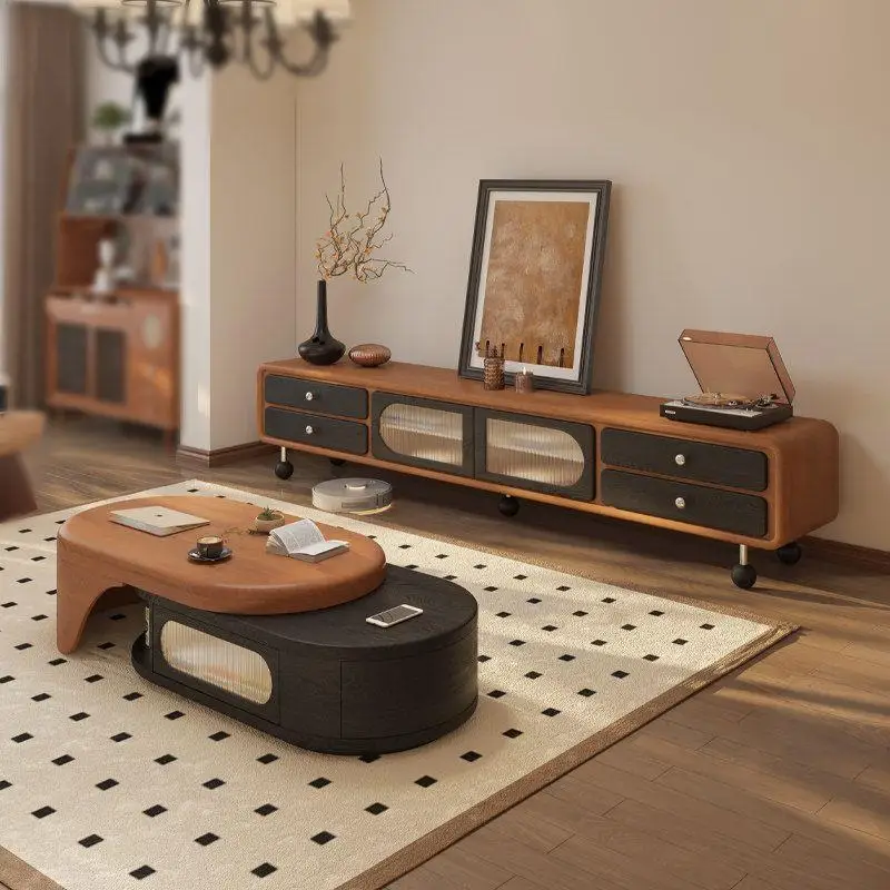 

TV cabinet coffee table combination small apartment solid wood furniture floor storage storage