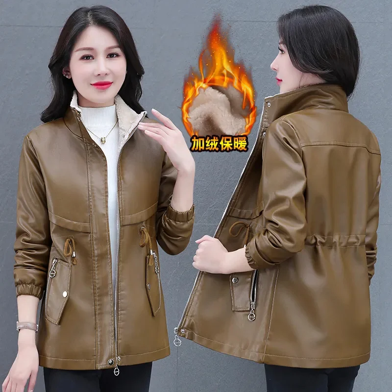 Abrigo de cuero Pu acolchado de terciopelo de longitud media para mujer, chaqueta para mantener el calor, rompevientos de cuero con bolsillo con