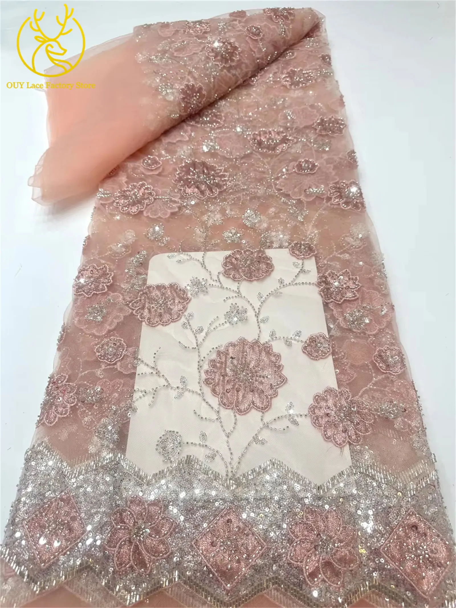 Französischer Groom-Spitzenstoff mit Stickerei und Perlen, afrikanischer Spitzenstoff, nigerianischer Tüllspitzenstoff für Hochzeitskleider und zum Nähen. – Detail 14